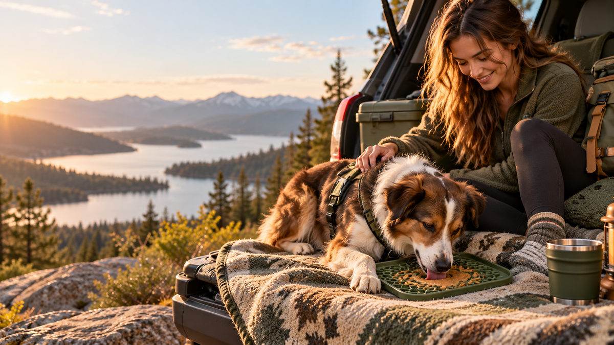 Dog relaxing with BrindleRoam CalmCamp lick mat during outdoor travel downtime