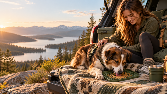 Dog relaxing with BrindleRoam CalmCamp lick mat during outdoor travel downtime