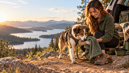 Dog owner drying muddy paws with BrindleRoam DryDash microfiber towel at a trailhead
