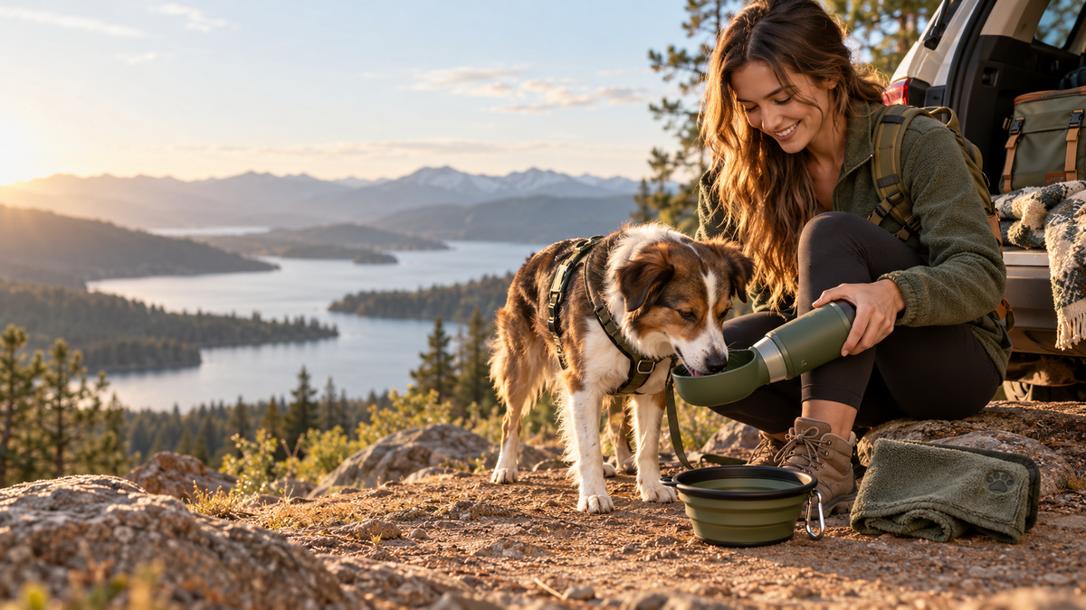 Dog drinking from BrindleRoam TrailSip travel bottle during an outdoor road trip