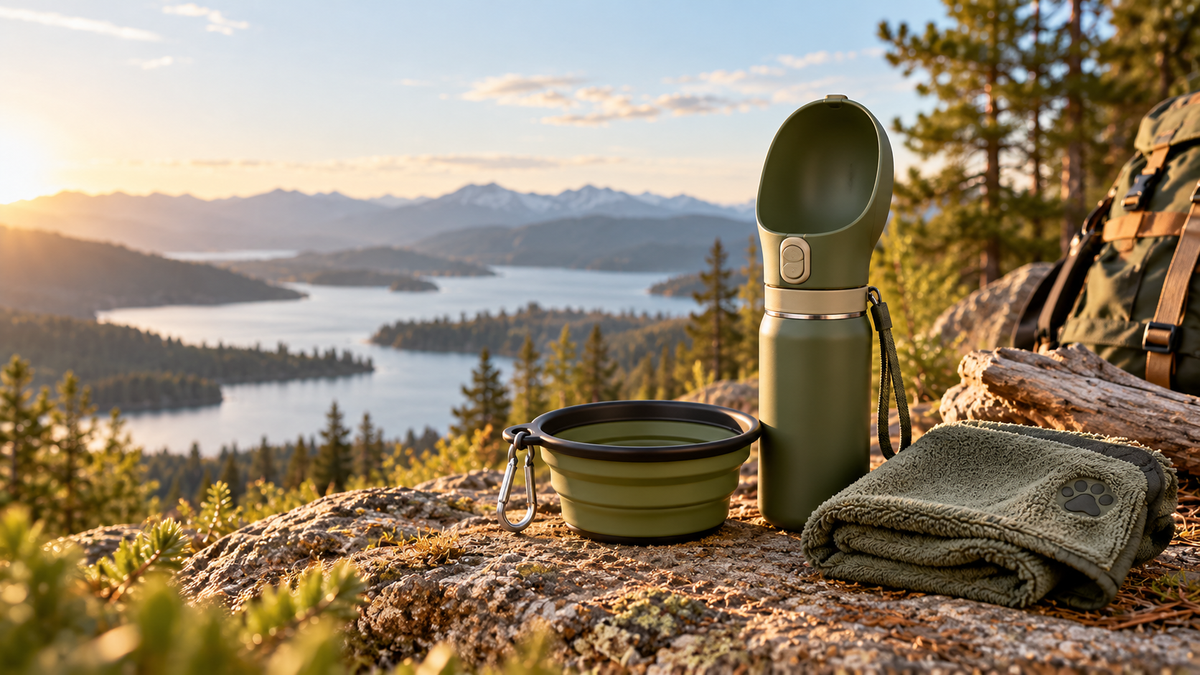 BrindleRoam Road Ready Kit with travel bottle, collapsible bowl, and microfiber towel outdoors